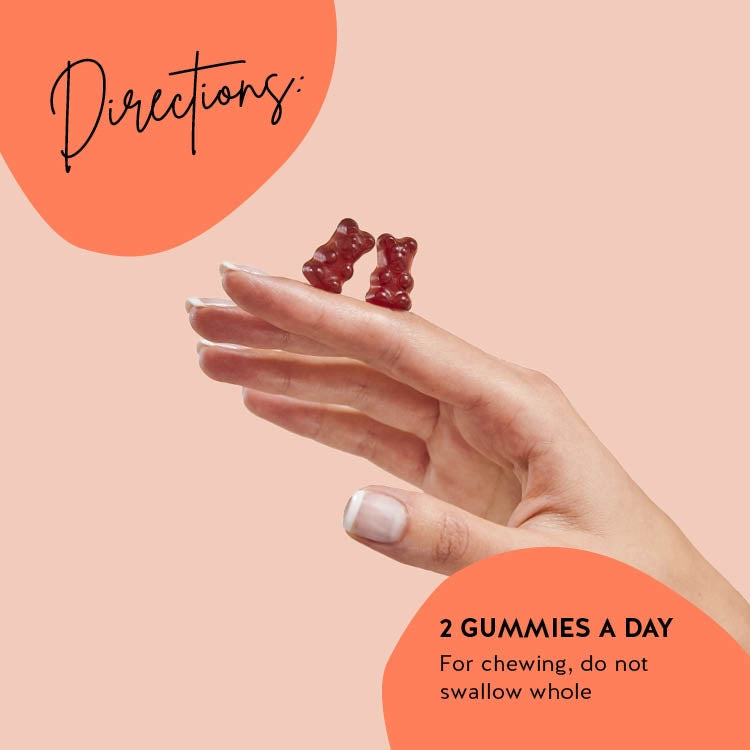 Consumption directions for our Trust Your Gut vitamins with apple cider vinegar to naturally support your wellbeing and digestion. 2 gummies a day.