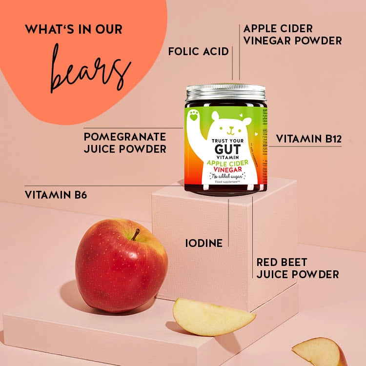 List of ingredients present in the Trust Your Gut vitamins with apple cider vinegar to naturally support your wellbeing and digestion. Includes apple cider vinegar, vitamin B6, B12, folic acid and iodine.