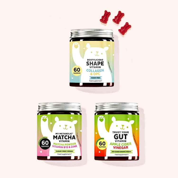 Body and Mind Trio product bundle with My Metabolic Matcha, Bootylicious Shape, and Trust Your Gut vitamins – supports fast metabolism, healthy gut, digestion, and body shape.