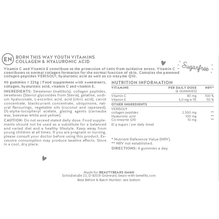 Ingredients list for the Born This Way - with collagen Verisol®, Q10 & hyaluronic acid.