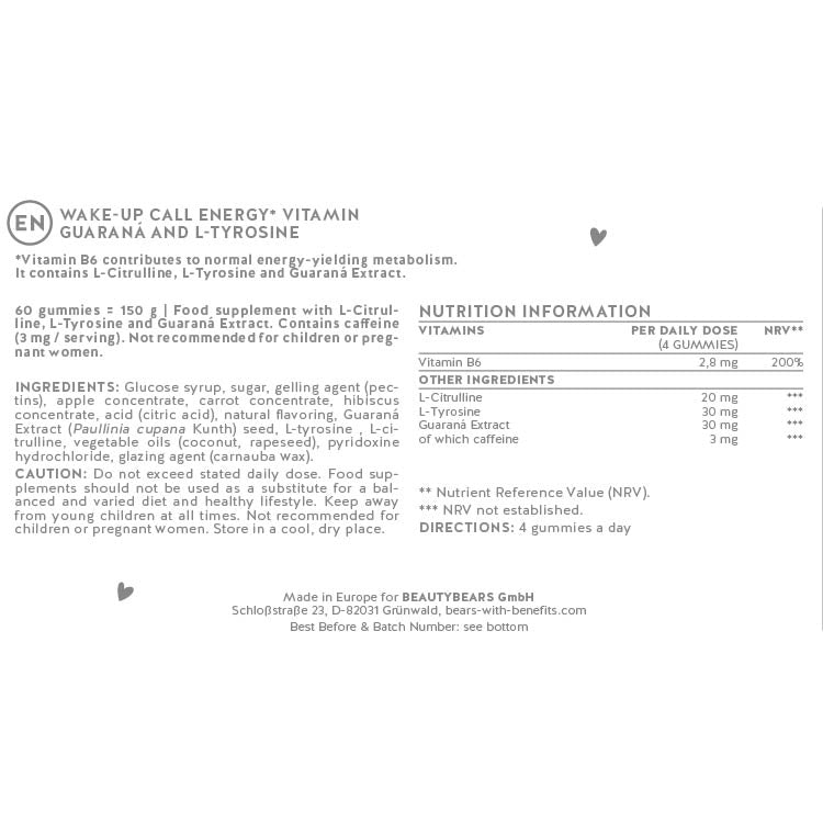 Ingredients list for the Wake-Up Call Energy - with guarana & vitamin B6