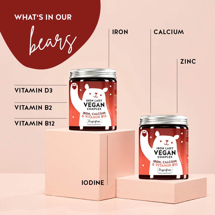 List of ingredients present in the Iron Lady Vegan Complex vitamins with iron. Includes iron, calcium and vitamin B12.