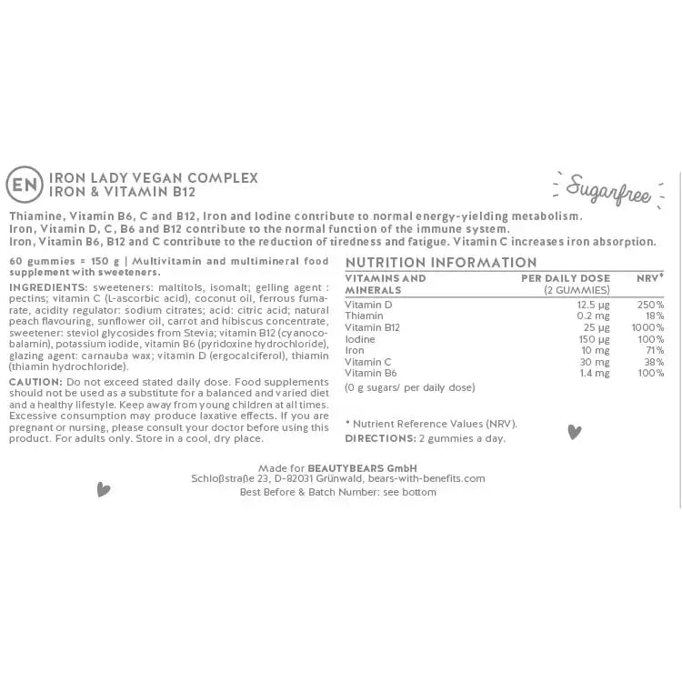 List of ingredients present in the Iron Lady Vegan Complex vitamins with iron.