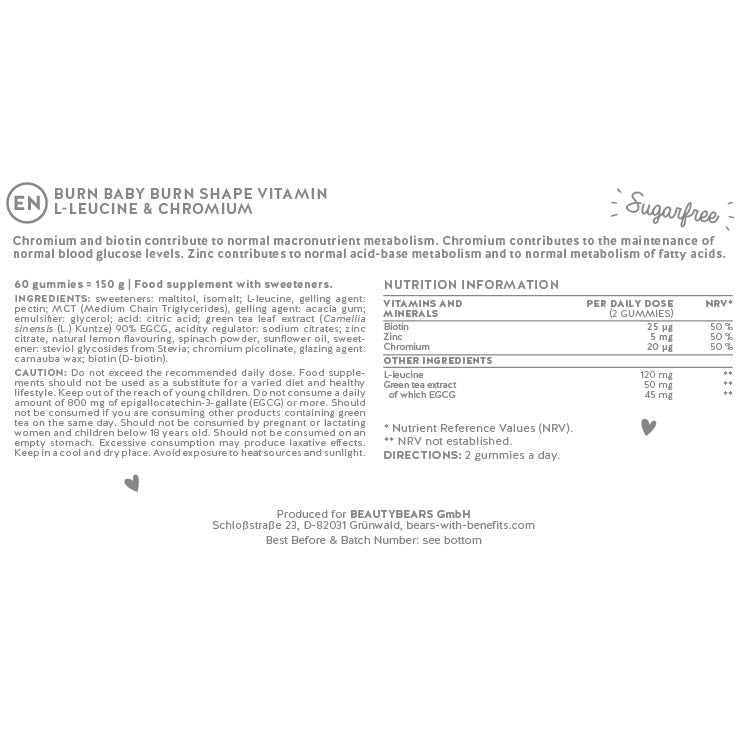 Label from Burn Baby Burn Shape vitamin product from Bears with Benefits.