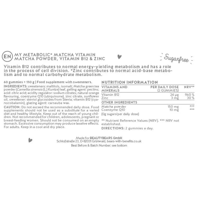 Label of My Metabolic Matcha product from Bears with Benefits.