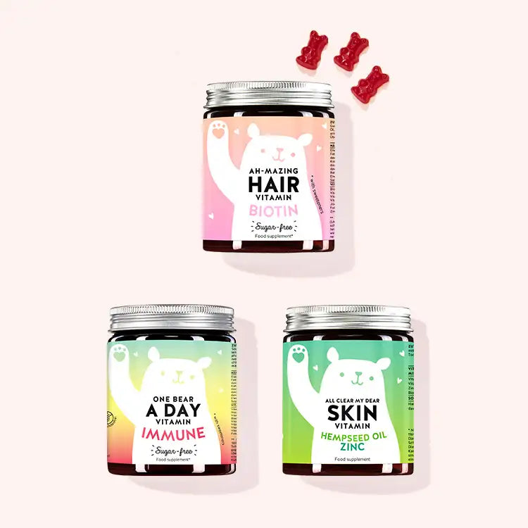 Product images of the 3 different vitamins included in the starter kit trio for hair, skin and well-being.