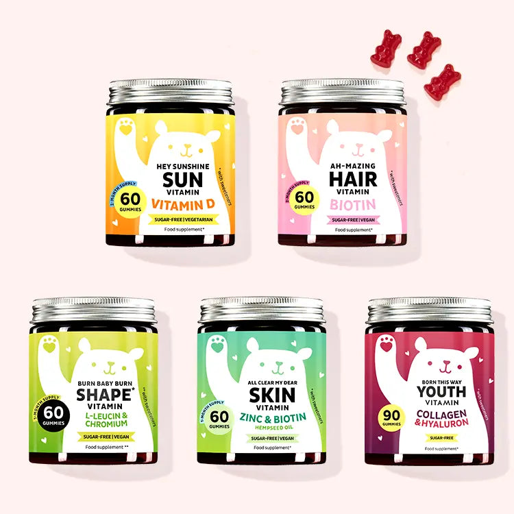 Product images of the 5 different vitamins included in the Ultimate Bestseller Kickstart Bundle, for strengthening your immune system, caring for your hair and skin as well as, supporting your metabolism.