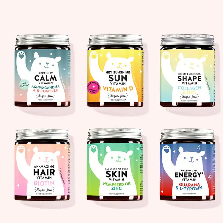 Product images of the 6 different vitamins included in the body energy bundle for beauty and wellbeing.