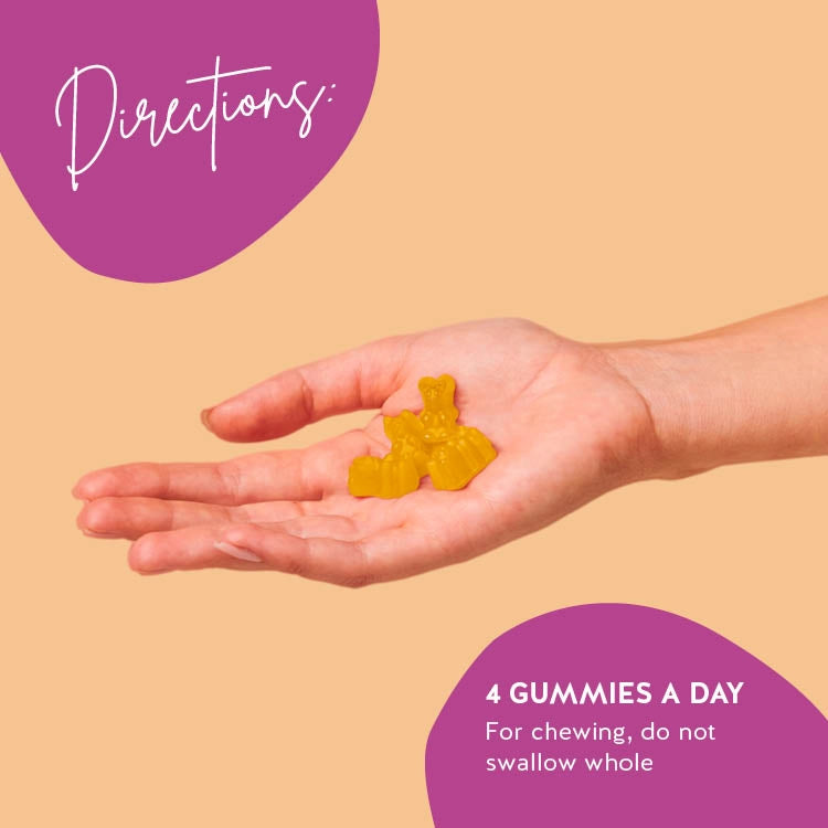 Consumption directions for our I Am Woman Menopause vitamins with linseed and evening primrose oils to alleviate common symptoms of menopause. 4 gummies a day.