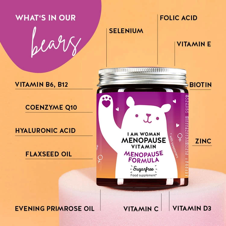 List of ingredients present in the I Am Woman Menopause vitamins with linseed and evening primrose oil. Includes linseed oil, evening primrose oil and several more vitamins. 