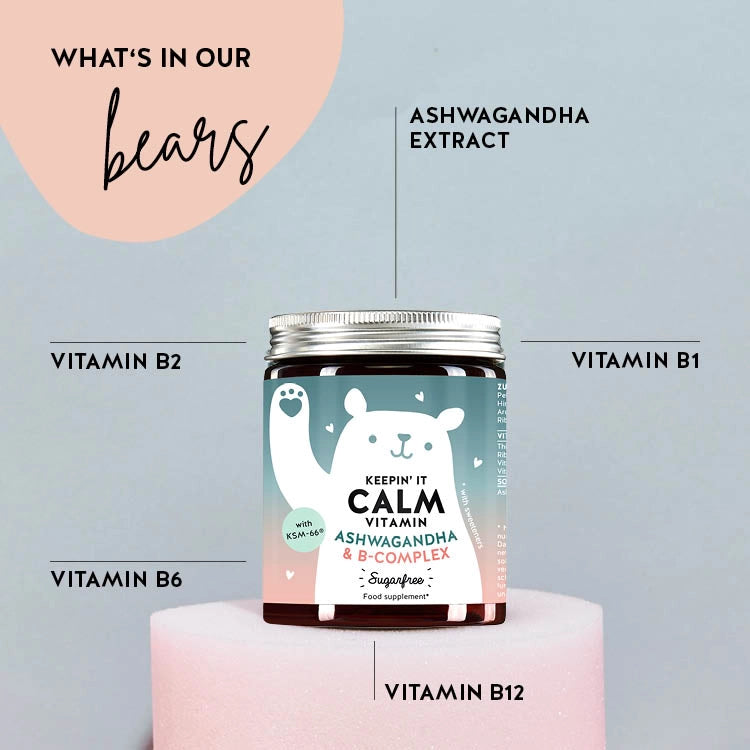 List of ingredients present in the Keepin’ It Calm vitamins for normal functioning of the nervous system. Includes ashwagandha, Vitamin B6,12, thiamine and riboflavin.