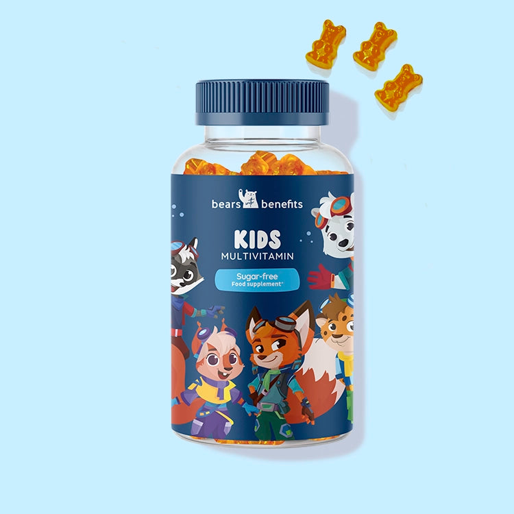 Single jar of Kids Multivitamin sugar-free gummy bears with vitamin complex to support healthy child growth, Edurino edition. l Bears with Benefits