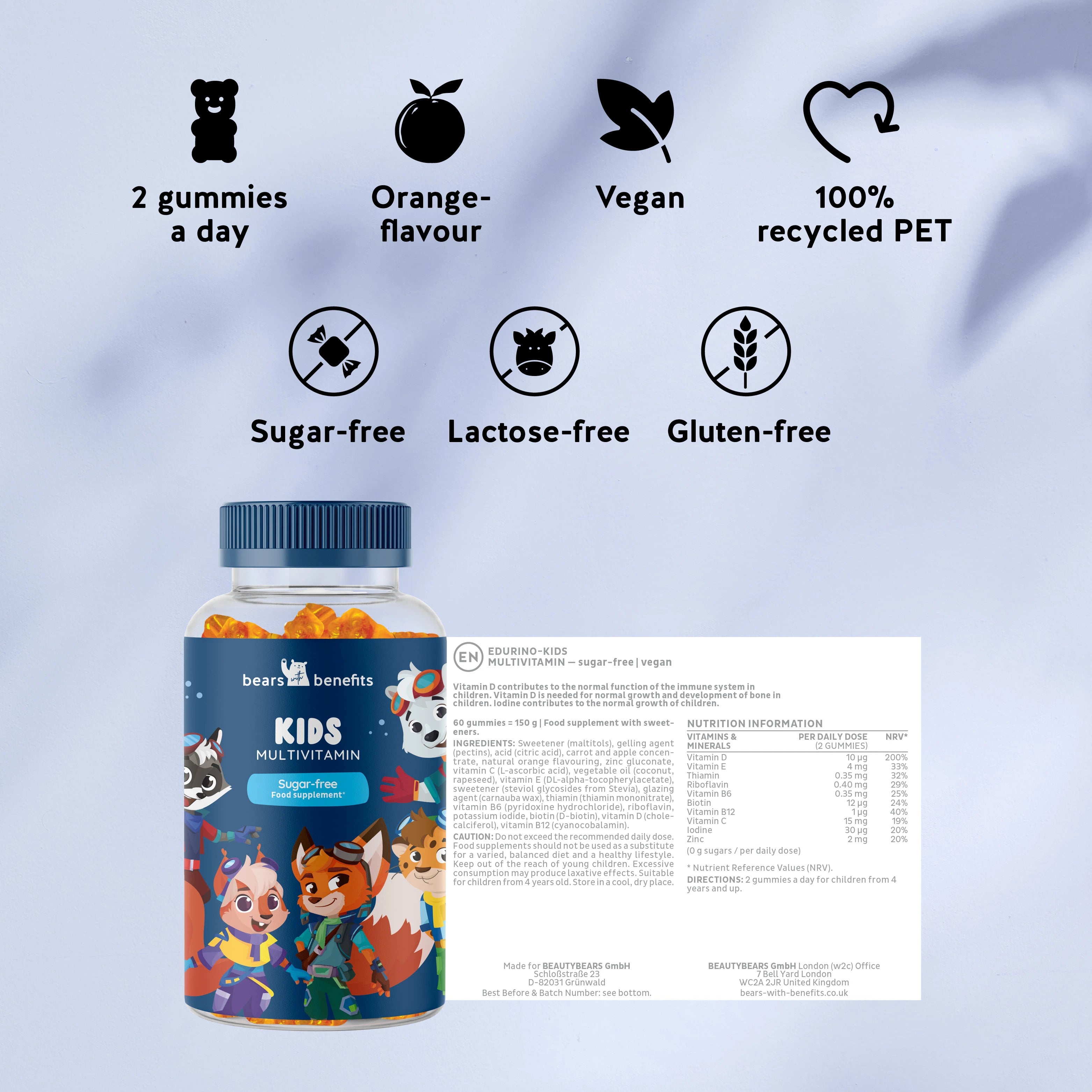 Single jar, ingredient label and characteristics of Kids Multivitamin sugar-free gummy bears with vitamin complex to support healthy child growth, Edurino edition. l Bears with Benefits