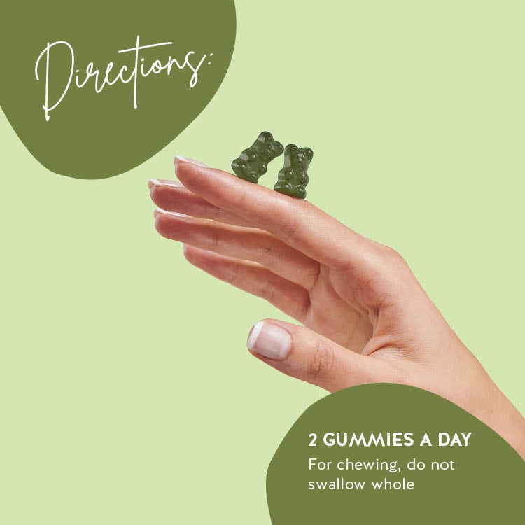 Consumption directions for our Eat Your Super Greens vitamins  to support the body's defences and keep the body healthy and resilient. 2 gummies a day.
