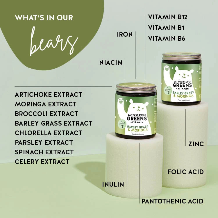 List of ingredients present in the Eat Your Super Greens vitamins to support the body's defences and keep the body healthy and resilient.  Includes barley grass and moringa. 