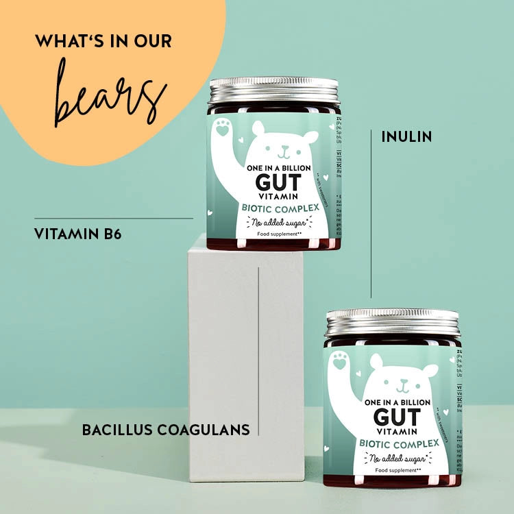 List of ingredients present in the One in a Billion Gut vitamins for harmonious digestion and a robust immune system. Includes 1 billion active bacterial cultures per bear. 