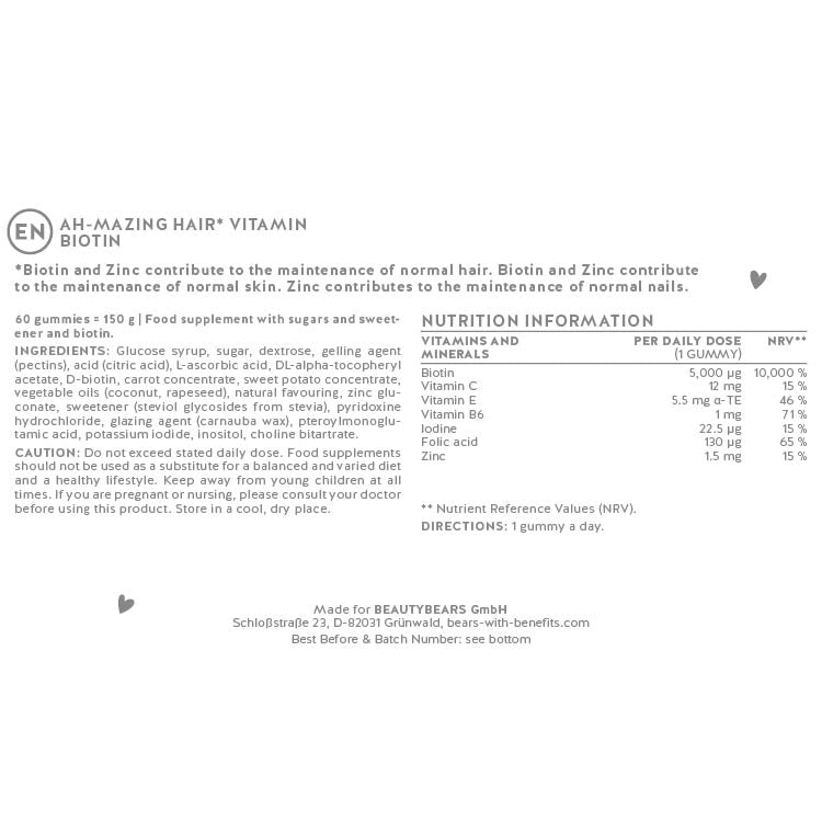  Ingredients list for the Ah-mazing Hair vitamins with biotin.