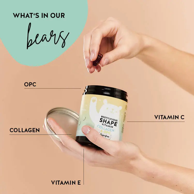 List of ingredients present in the Bootylicious Shape vitamins for support in skin firming and overall wellbeing.  Includes collagen, OPC, vitamins C and E. 