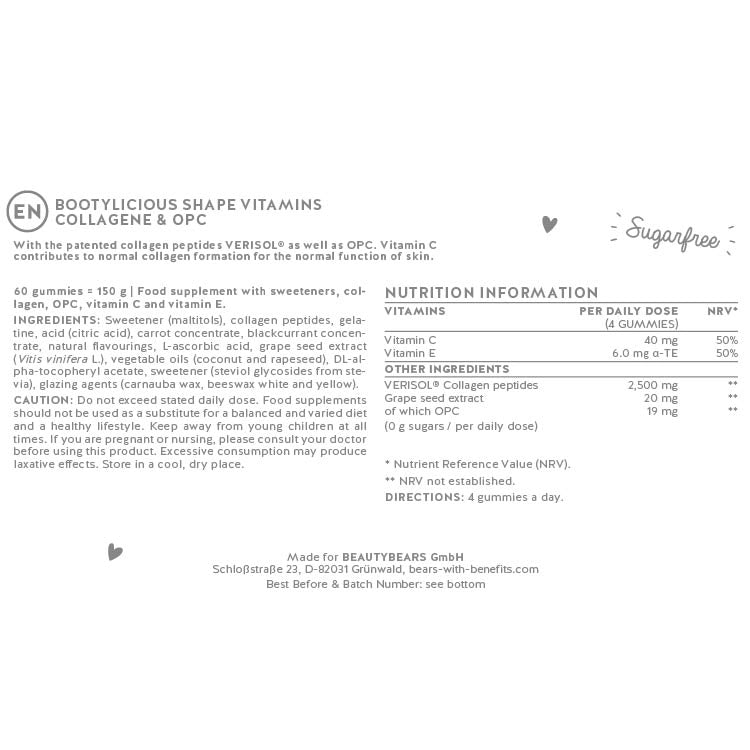 List of ingredients present in the Bootylicious Shape vitamins for support in skin firming and overall wellbeing.