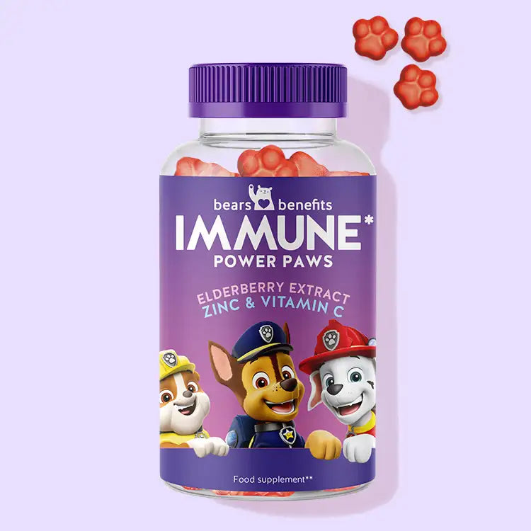 Product picture of Immune Power Paws vitamins with elderberry to support kids’ immune system. 