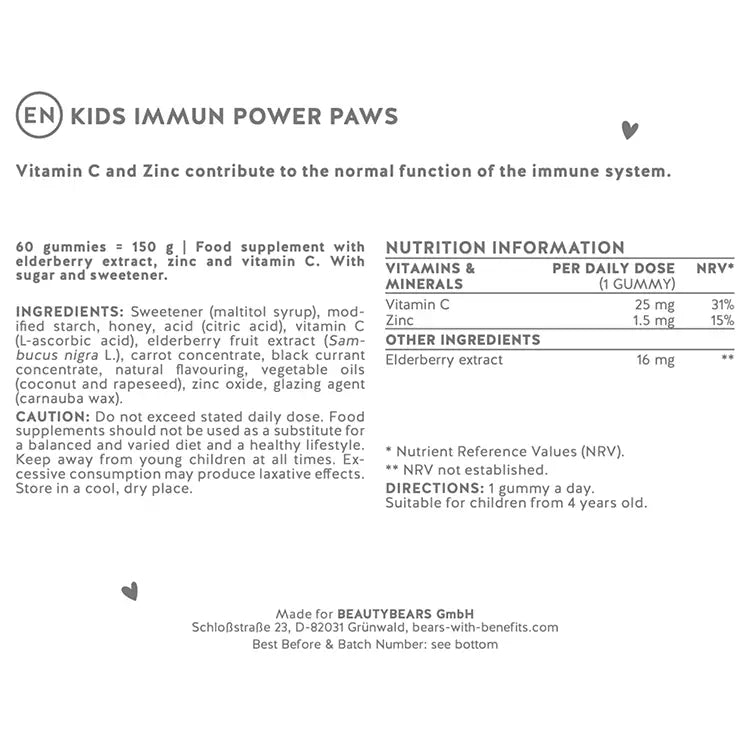 List of ingredients present in the Immune Power Paws vitamins.