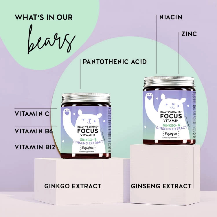 List of ingredients present in the Beauty and brains vitamins for better focus and concentration. Includes ginseng and ginkgo extracts.