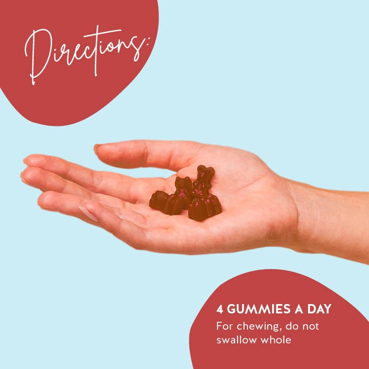 Consumption directions for our Wake-Up Call vitamins with guarana to help start the day with energy and vitality. 4 gummies a day. 