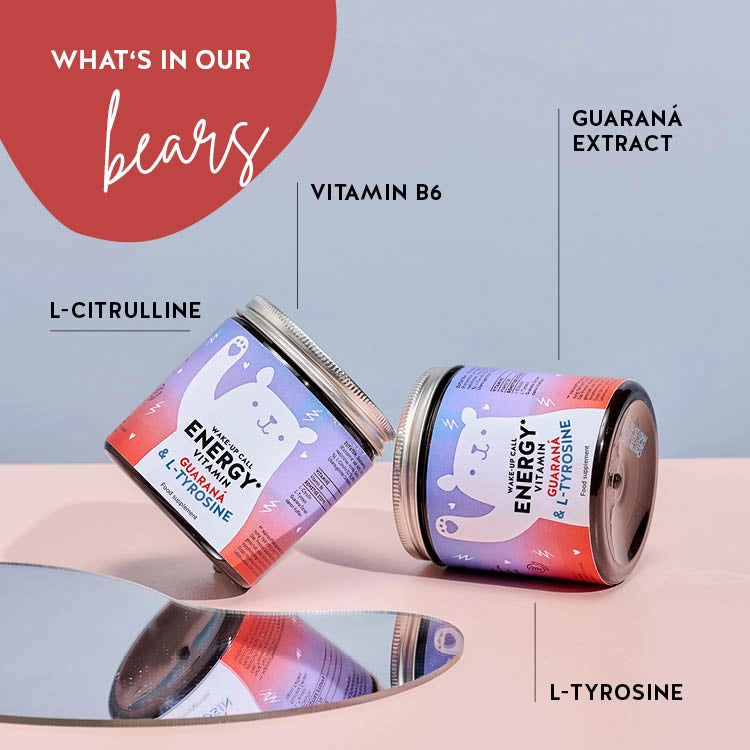 List of ingredients present in the Wake-Up Call vitamins with guarana to help start the day with energy and vitality. Includes L-citrulline, L-tyrosine, and vitamin B6. 