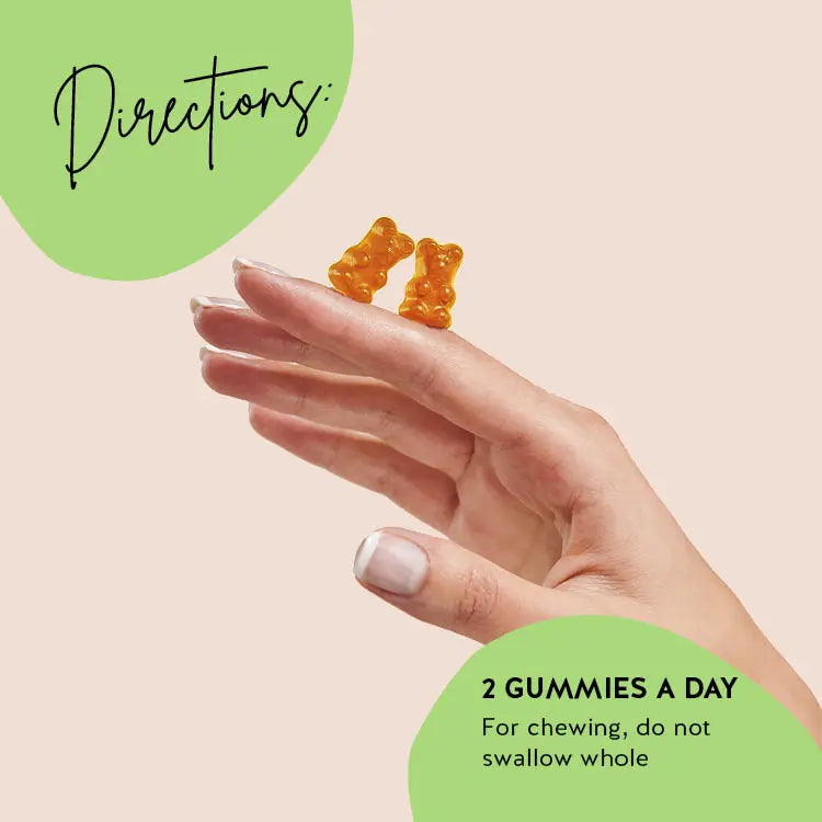 Consumption directions for our All Clear My Dear Skin vitamins to nourish the skin. 2 gummies a day.