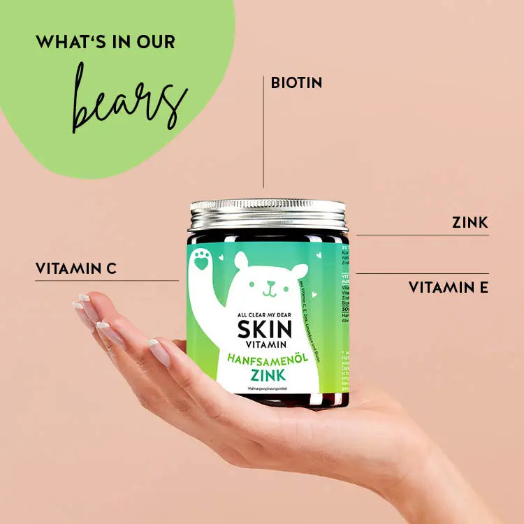 List of ingredients present in the All Clear My Dear Skin vitamins to nourish the skin. Includes hempseed oil and zinc.