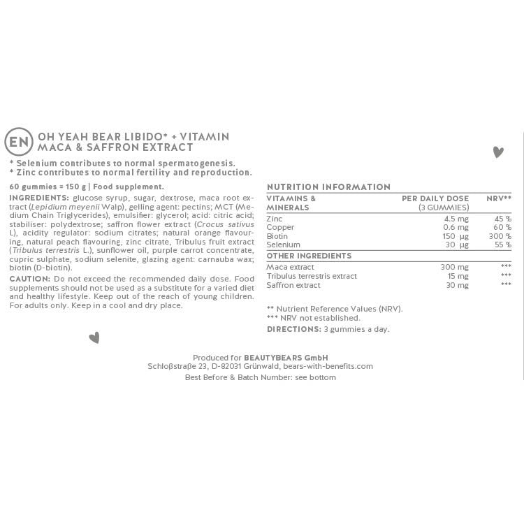 Ingredients list for the Oh Yeah Bear Libido + Vitamin - with maca, selenium & zinc