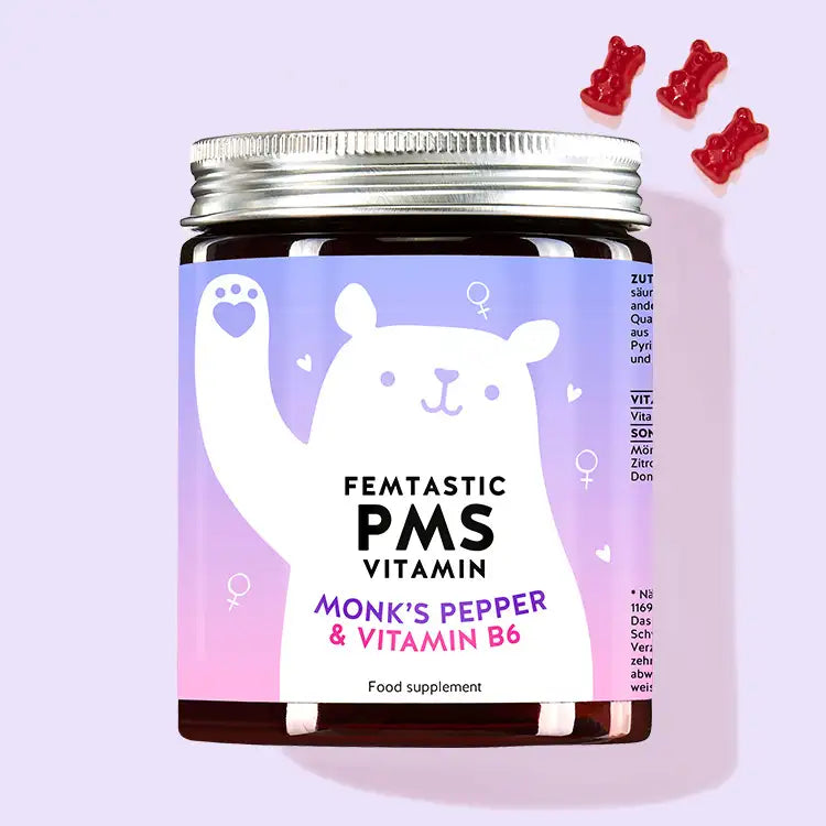 Product picture of Femtastic PMS vitamins with monk’s pepper and vitamin B6 to promote hormonal balance. 