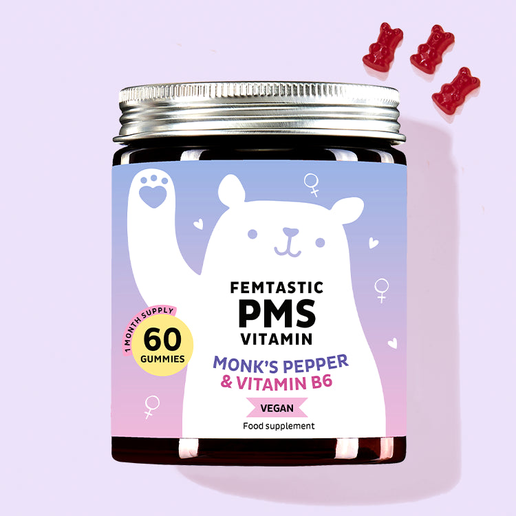 Product picture of Femtastic PMS vitamins with monk’s pepper and vitamin B6 to promote hormonal balance. 