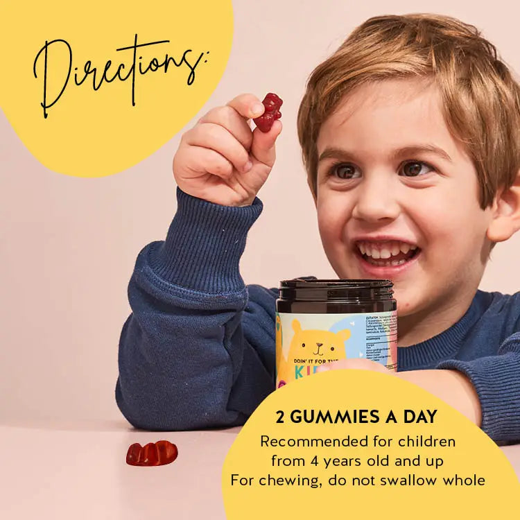 Consumption directions for our  Doin’ It For The Kids vitamins with multivitamins to promote children's physical and mental development. 2 gummies a day.