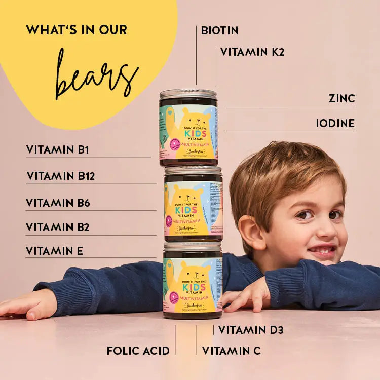 List of ingredients present in the  Doin’ It For The Kids vitamins with multivitamins. Includes vitamin B6, B12, B2, C, K2, D3, E. 