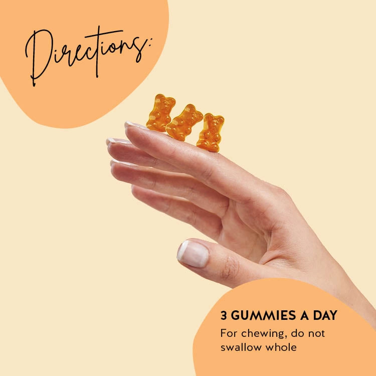 Consumption directions for our Spicy Girl vitamins with turmeric for the natural support of the development of the body and mind. 3 gummies a day. 