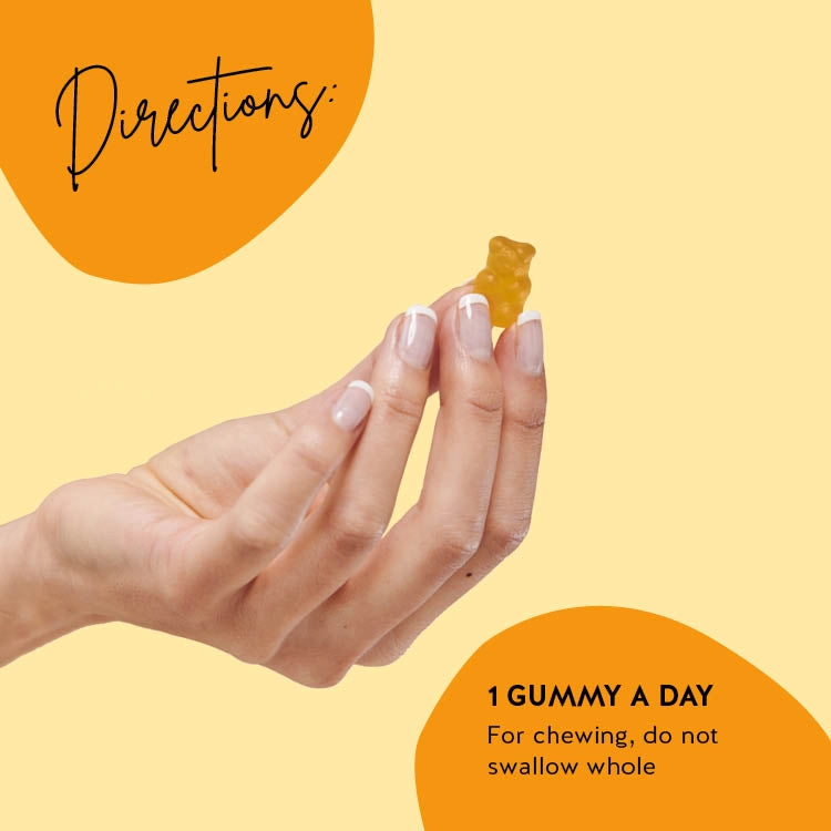 Consumption directions for our Hey Sunshine vitamins for maintenance of normal bones, muscle functions and teeth. 1 bear a day. 