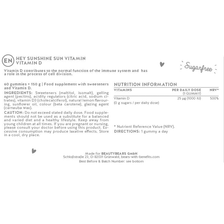 List of ingredients present in the Hey Sunshine vitamins.
